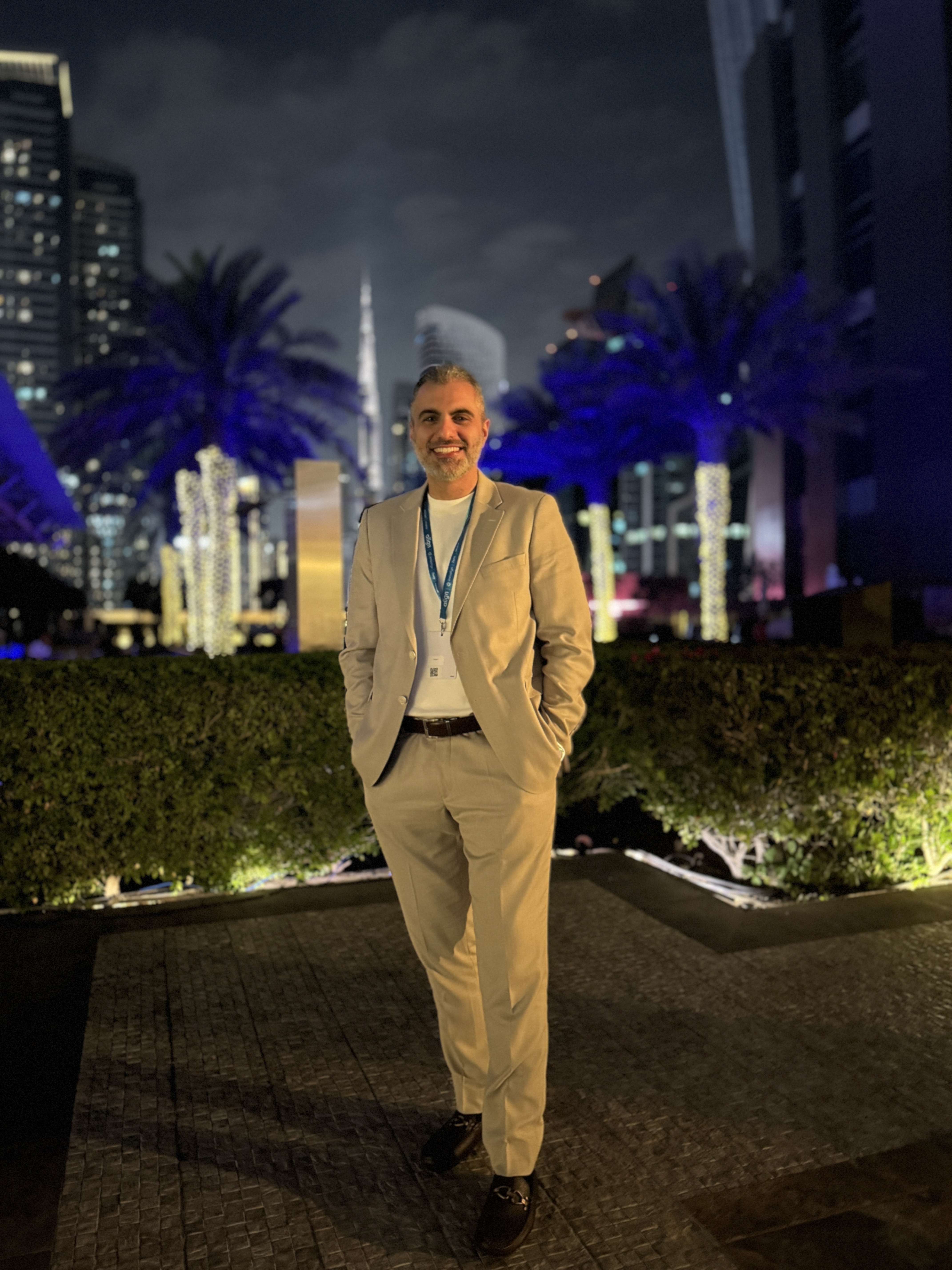 Dubai skyline at night — Burj Khalifa, Downtown DIFC