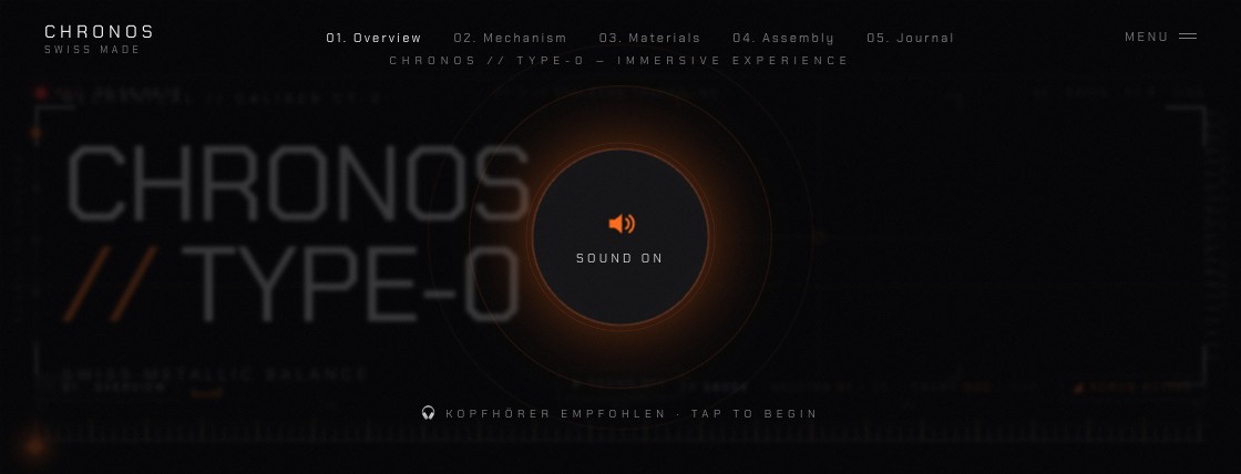 CHRONOS watch scroll-scrub site — frame-by-frame canvas animation with gold HUD