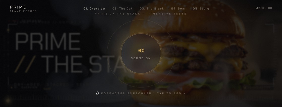 PRIME burger scroll-scrub site — dark gold/charcoal cinematic sound design experience